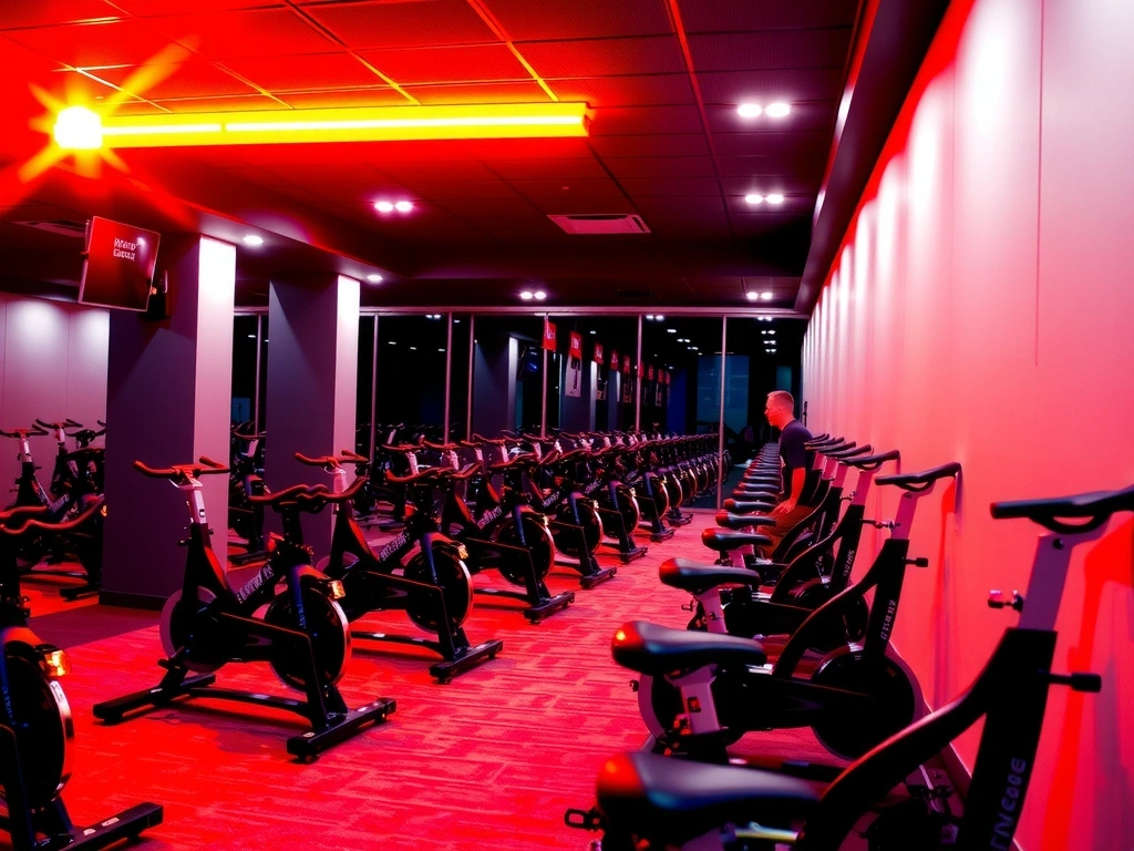 Indoor cycling studio with energetic lighting