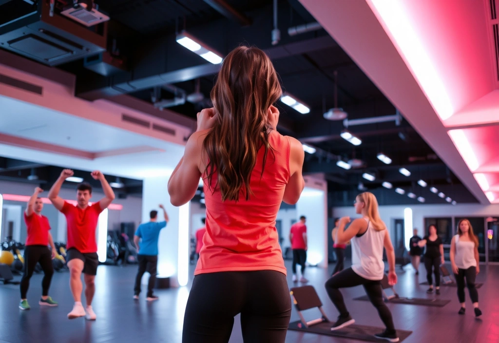Modern gym interior with vibrant lighting and people exercising