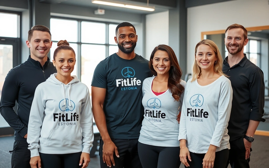 FitLife Estonia team members smiling and interacting in a modern gym setting.