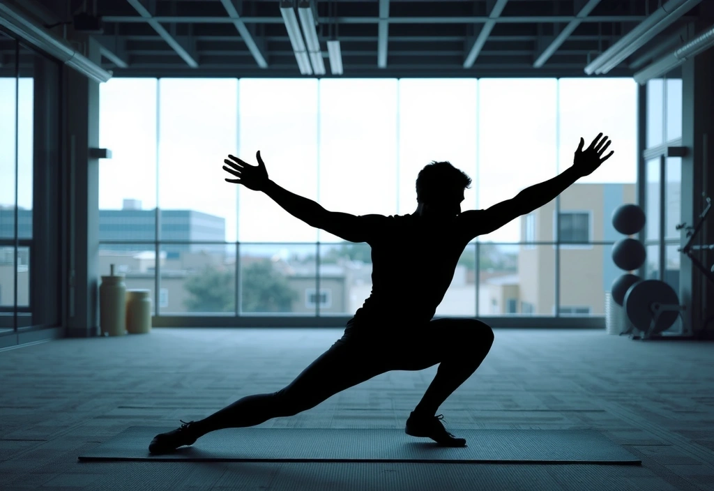 A person doing a dynamic stretching exercise with a blurred gym background.