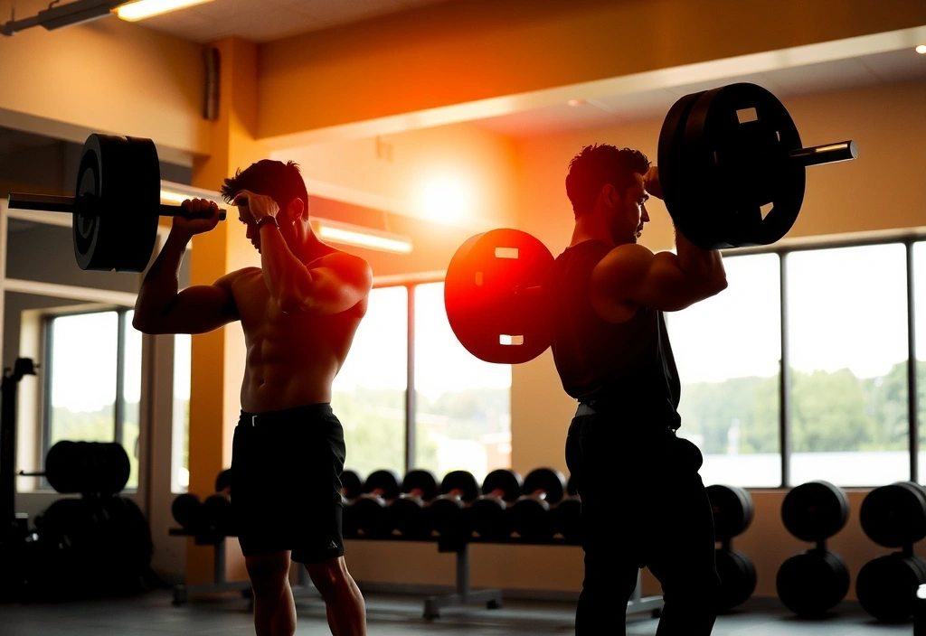 Athletes lifting weights in a modern gym, showing determination.