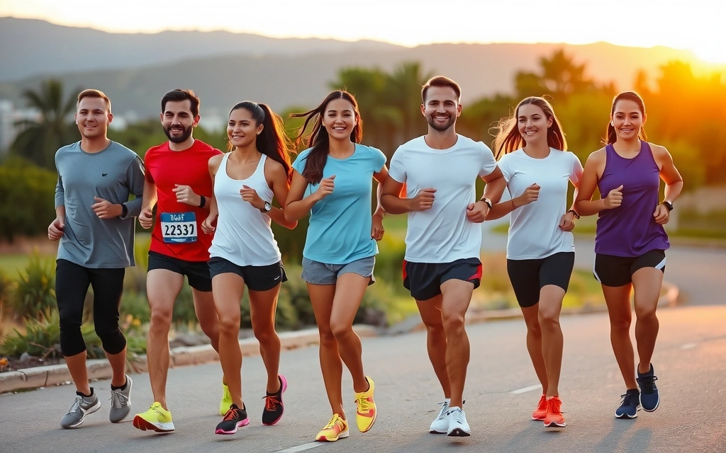 Runners training for a marathon at sunrise.