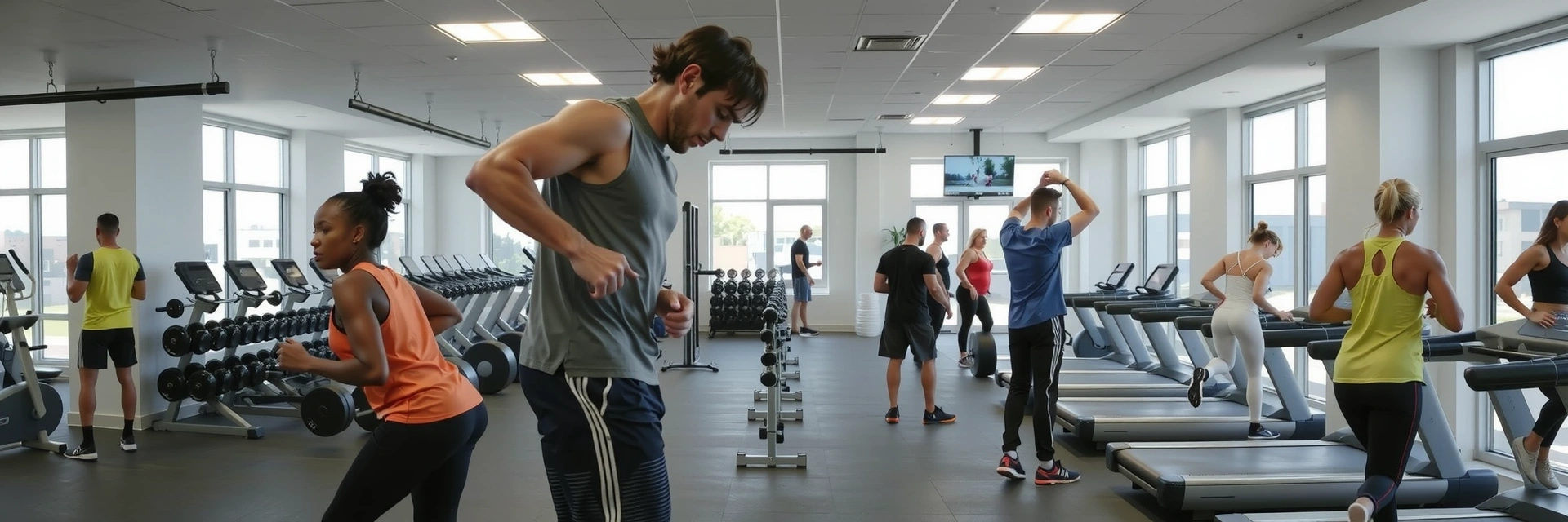Athletes performing various exercises in a modern gym