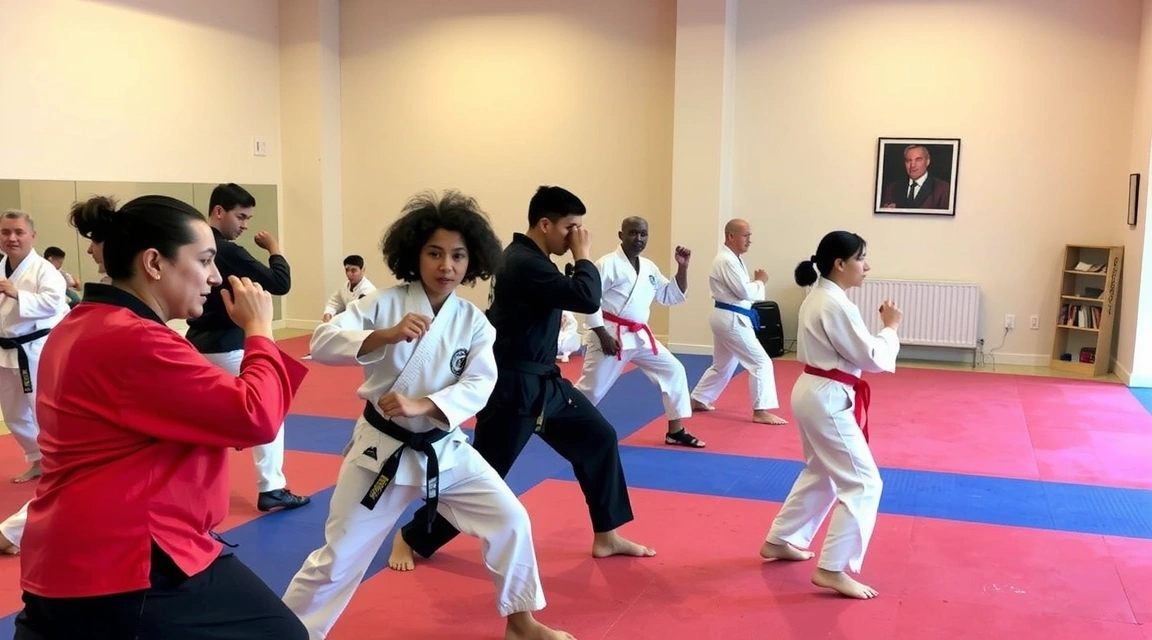 A group of people engaged in martial arts training