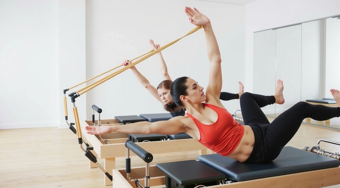 People doing Pilates on reformer machines